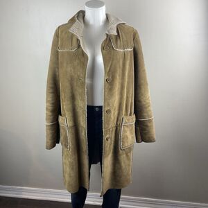 Vtg Gap Y2K Tan Suede Leather Patchwork Coat Womens Sz M Sherpa Lined Hooded